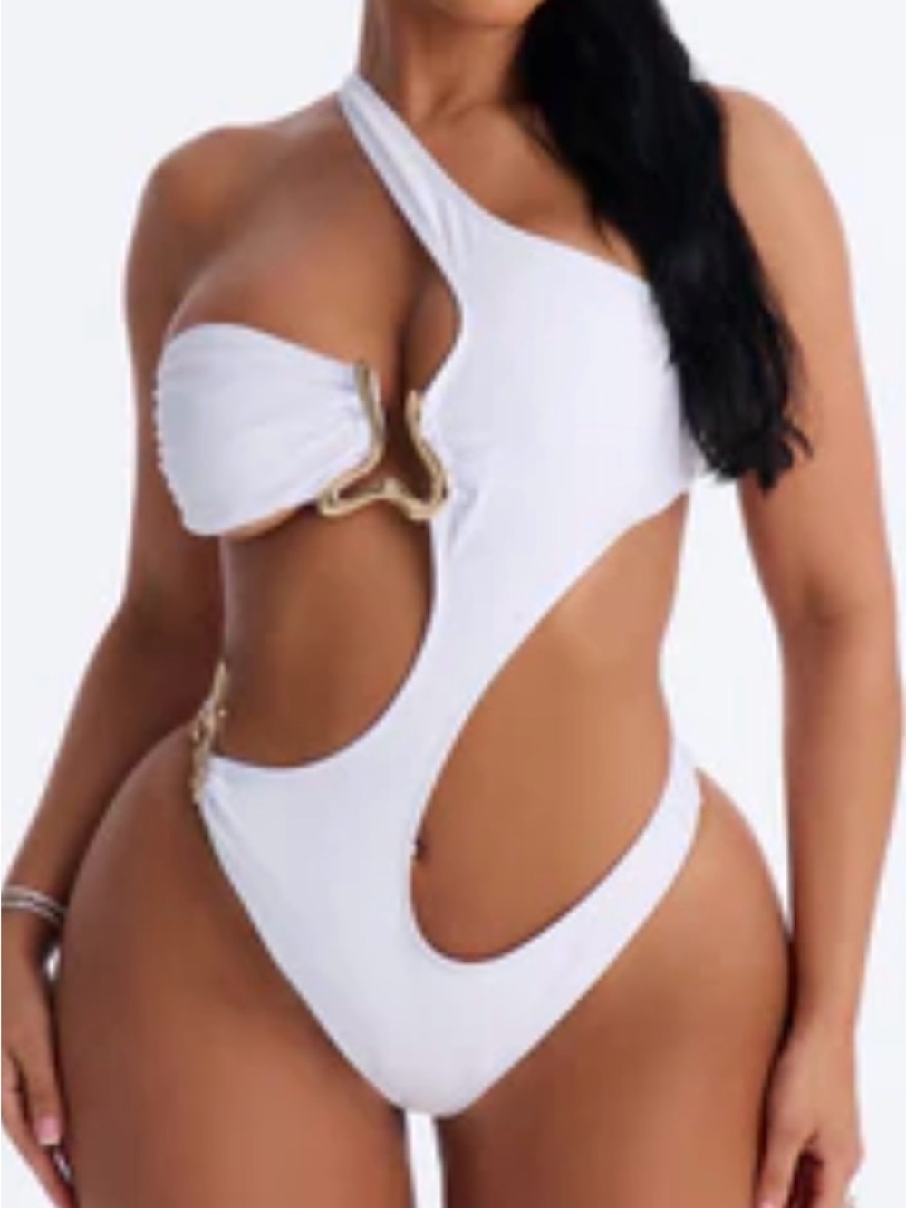 White Cutout One-Piece Swimsuit with Gold Accent